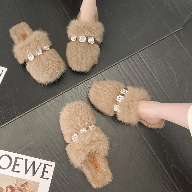 Fashion 2025 Women's Fur Warm and Cold Baotou Slipper Winter Fashion Rhinestone Decorative Plush Leisure Flat-bottomed Non-slip Slippers