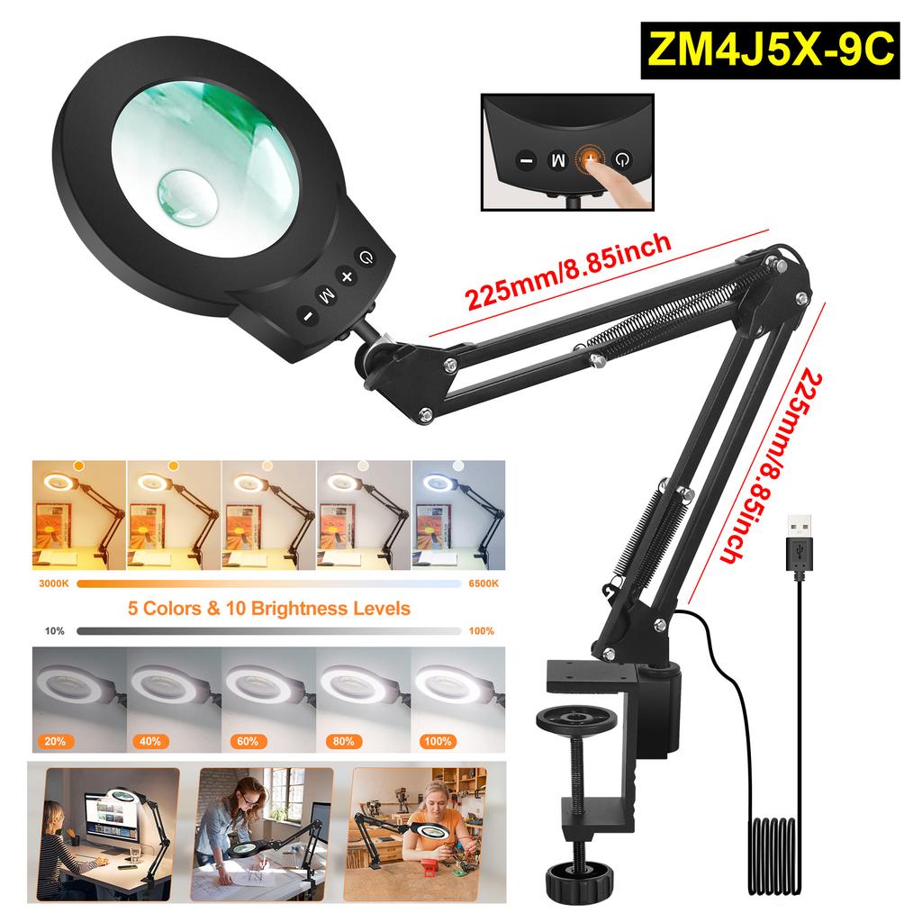 Long Swing Arms 5X/10X Magnifying Glass Lamp with 5 Color Adjust LED Lights Reading Table Lamp for Welding Repair Close Work
