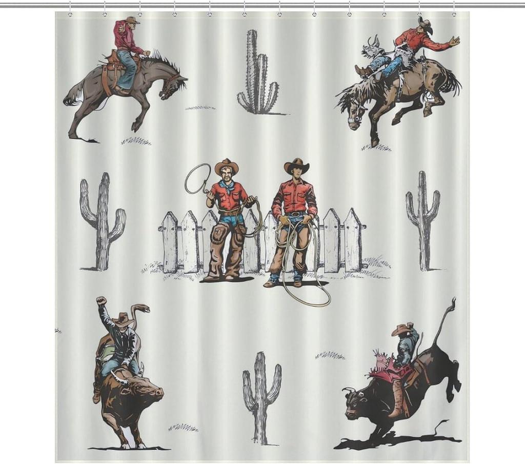 Zachodnie zasłony prysznicowe do łazienki, Wzór kreskówkowy kowbojski, Zestaw zasłon łazienkowych z haczykami, Wodoodporna tkanina, Okna
