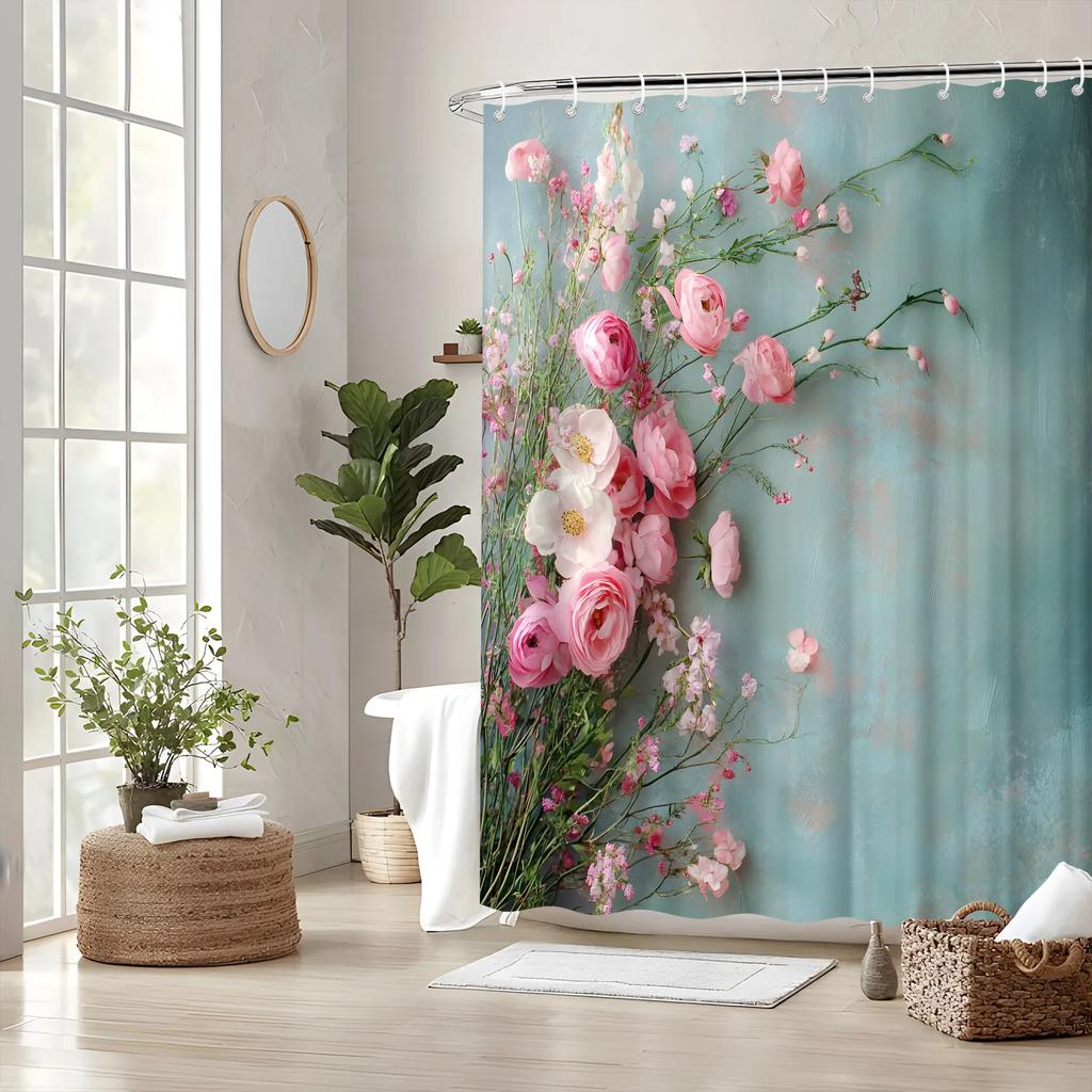 Elegante Tenda da Doccia Vintage con Rose e Ranuncoli - Bouquet Rosa e Bianco su Azzurro Pastello, Design Romantico, Poliestere Lavabile in Lavatrice