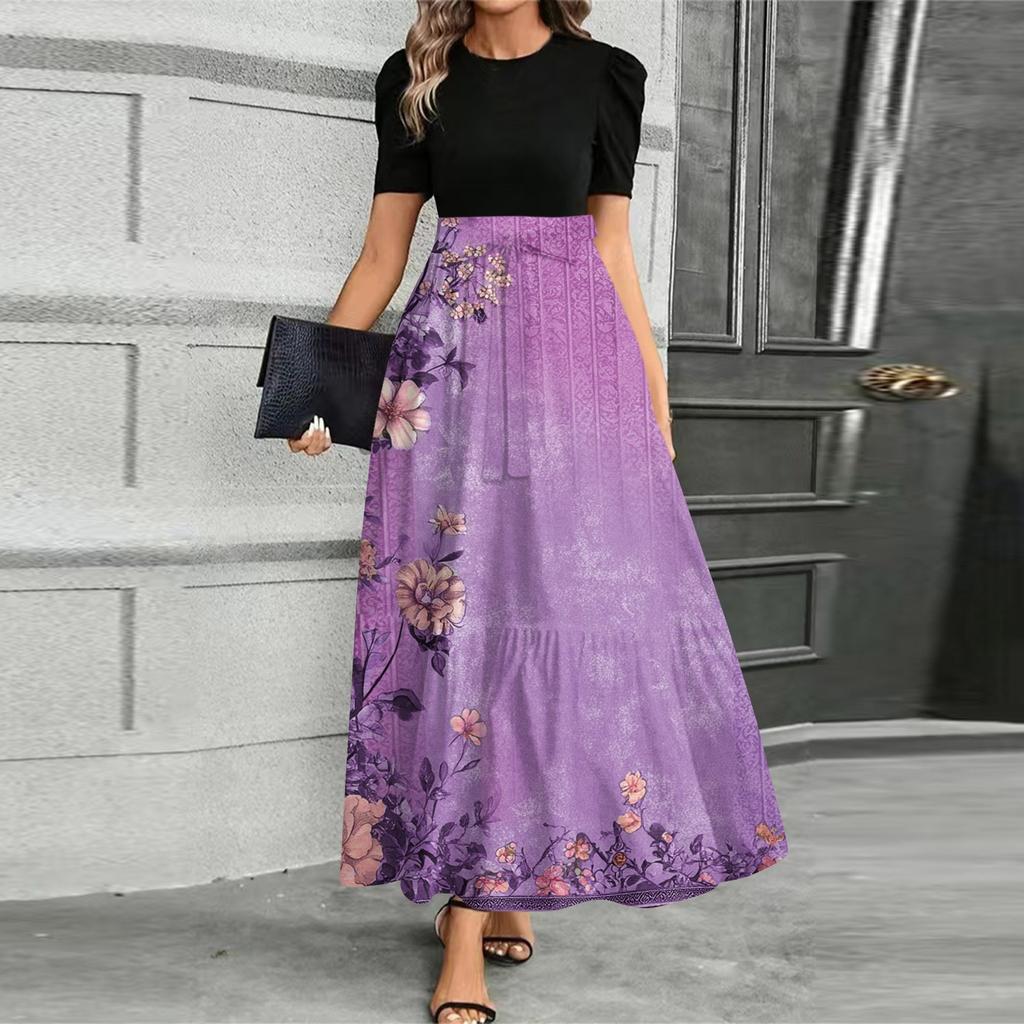 Women's Fashionable Casual Belt Short Sleeved Round Neck Print Elegant Temperament Dress