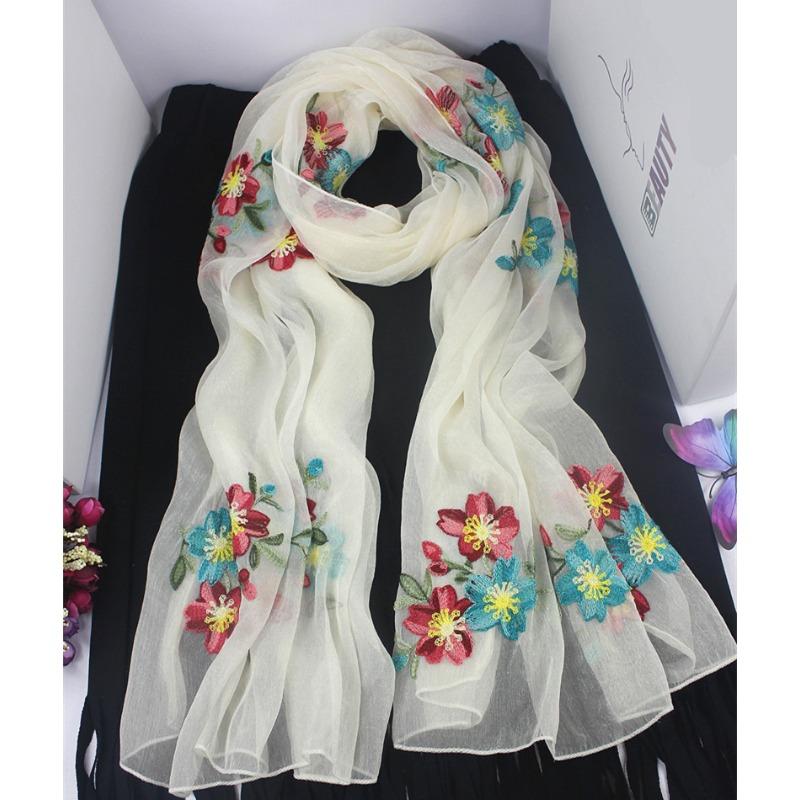 

Корейская версия универсального вышитого шарфа для женщин, вышитый новый шифоновый шарф на весну и осень, газовый шарф, длинный зимний литературный декор 135-175CM