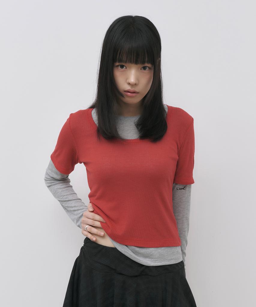Seul See-Through Layered Embroidered Long Sleeve T-Shirt_Red