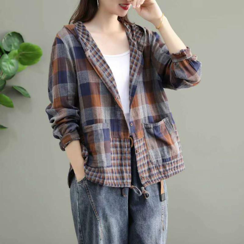 Moda Coreana Roupas de Primavera Femininas Camisas Xadrez com Capuz Senhoras Linho Soltas Blusas Femininas Casuais Oversized