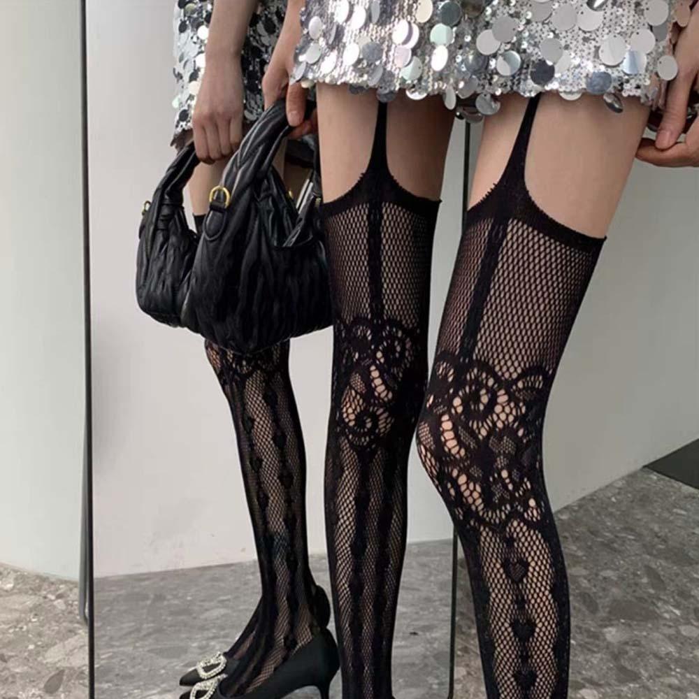 Lace Flower Mesh Pantyhose Nylon Suspender Stockings Retro Thigh High Stockings  Night Club