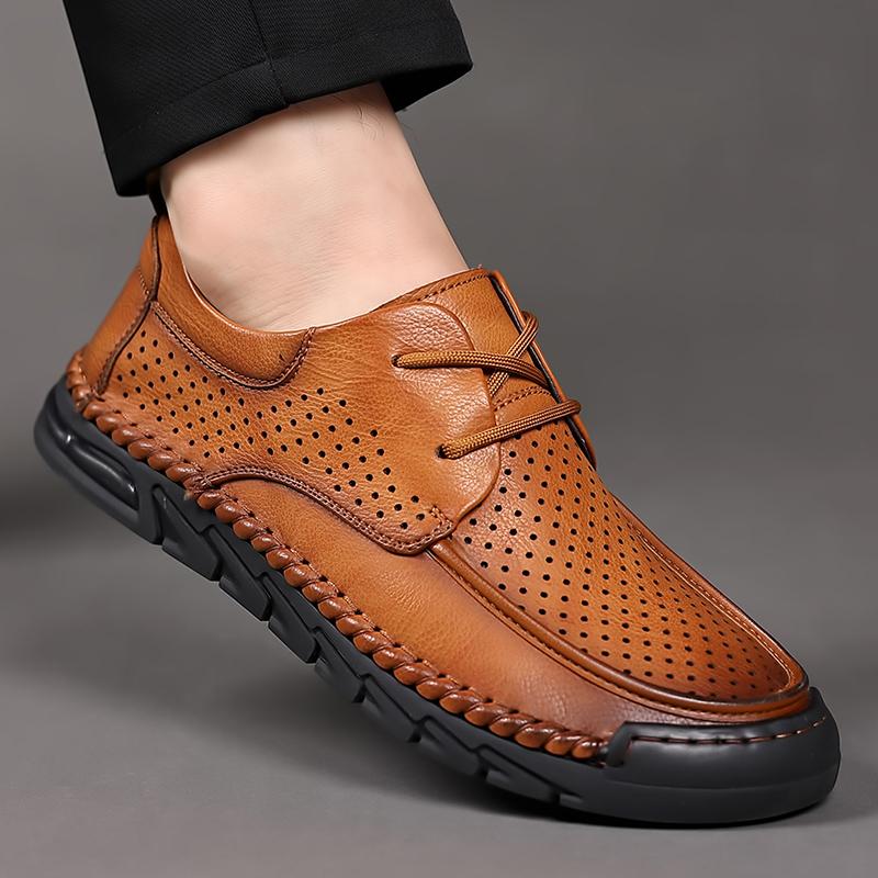 Men Split Leather Business Casual Shoes Summer Punching Leather Comfortable Driving Flats Mens Outdoor Hollow Out Oxfords Shoes
