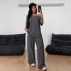Off-the-shoulder Wide-leg Pants Set - Spring/Summer Women's Casual Sports Short-sleeved Two-piece Loose Pants