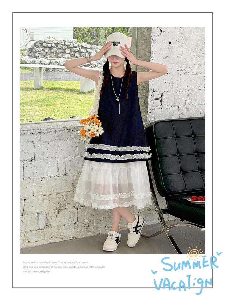 Girls' Korean Style Sleeveless Lace Dress - Summer Patchwork Princess Skirt for Older Children