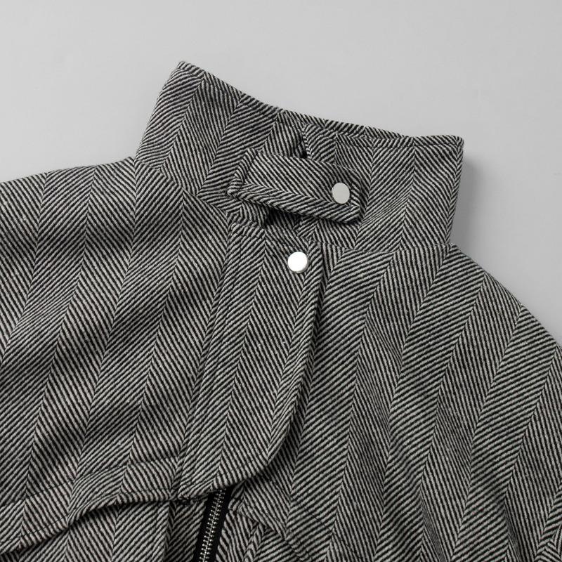 Women Loose Stand Collar Zipper Pocket Herringbone Long Sleeve Jacket Coat