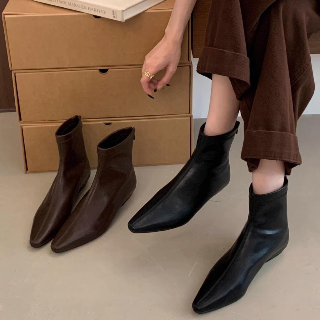 Pointed short boots women's thick heel versatile soft leather Chelsea boots 2025 new British Martin boots low heel thin boots