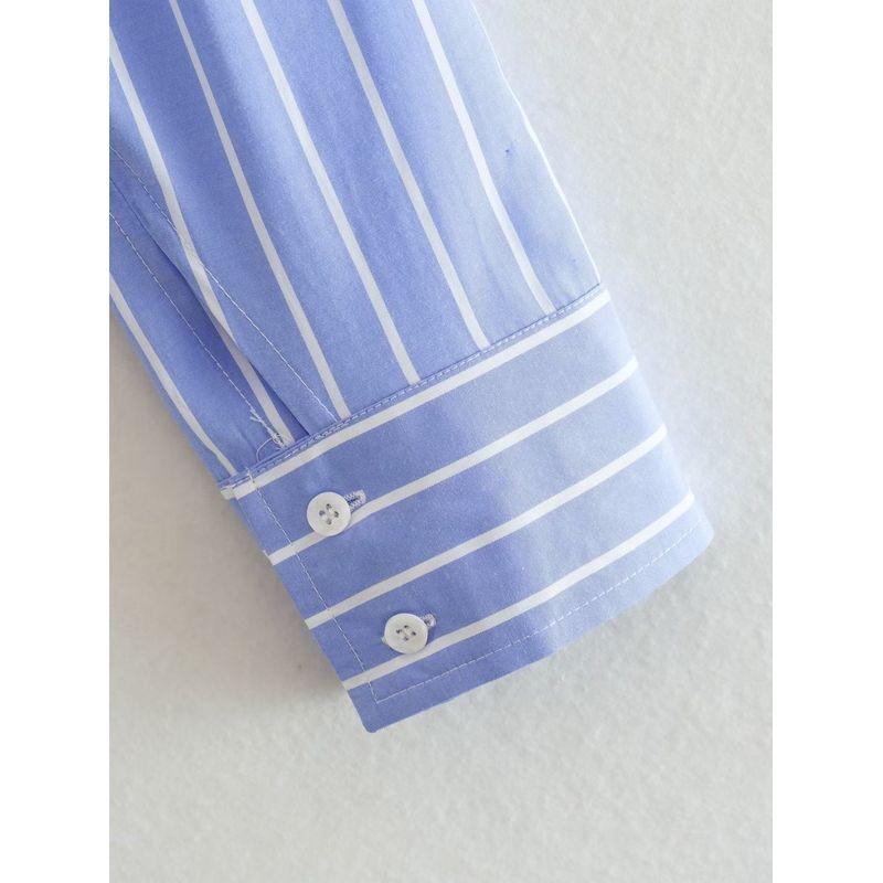 Kaslead Lapel Long Sleeves Striped Short Style Poplin
