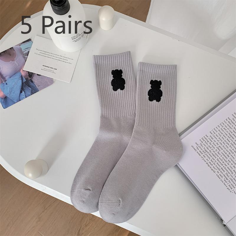 

5 пар чулок из чистого хлопка с милым рисунком в стиле спортивной академии Little Bear для женщин на весну и осень 5 Pairs серый