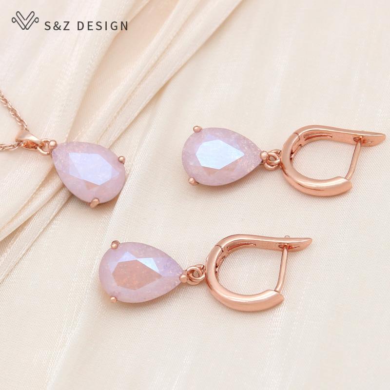 Moda kropla wody kryształowe zestawy biżuterii kolczyki w kolorze różowego złota dla kobiet modny wisiorek naszyjnik prezent