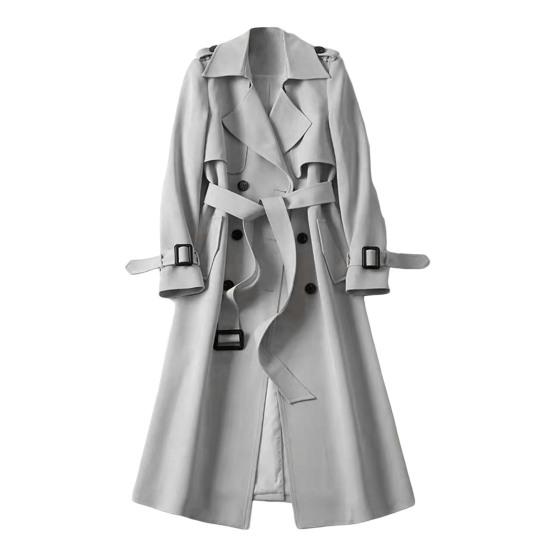 Women Windbreaker Turn-down Collar Loose Pure Color Coat Double-breasted Long Sleeves Belt Decor Overcoat Mid Length with Pockets Windproof Lady