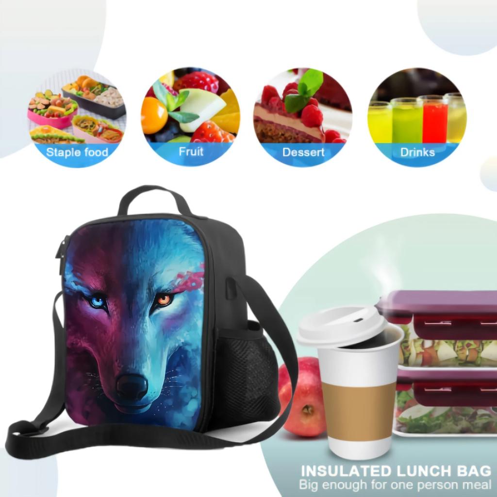 Cute Wolf With Galaxy Sky Insulated Lunch Bag for School Work Office Picnic Animal Head Face Tote Lunch Box Containers