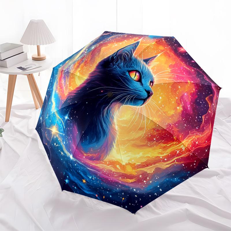 1 PC Automatic Folding Umbrella - Cosmic Cat Pattern, Portable & Foldable Design with 8 Ribs, Christmas Birthday Gifts