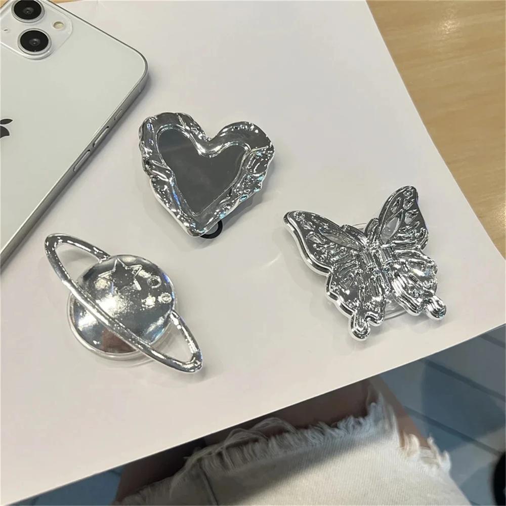 3D Silver Planet Love Heart Mirror Metal Bracket Phone Grip Tok Holder For iPhone Accessories Finger Ring Stand Gift