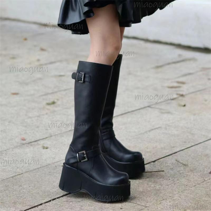 Black Thick Bottom Women's Platform Long Boots Side Zip Chunky Sole Knight Boots Faionable Buckle Straps Botas Altas Mujer 35-40