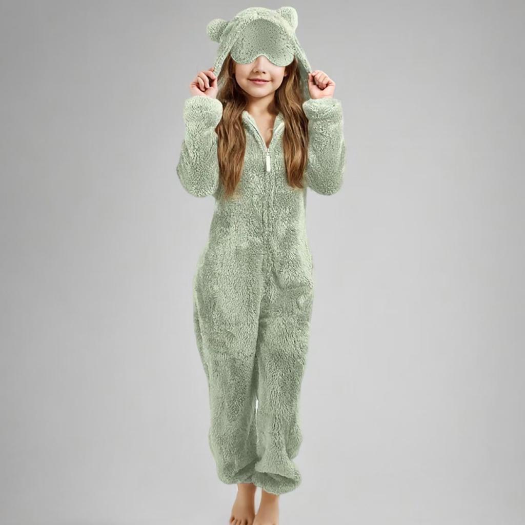 Children's Fashion Solid Colour Autumn/Winter Plush Hooded Onesie Loungewear Pyjamas With Eye Mask