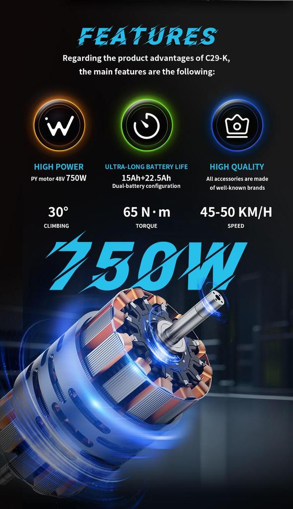 2026 New Electric Bicycle DUOTTS C29-K 48V 15+22.5Ah Battery,750W Motor,50KM/H Speed,150-170KM Range,Hydraulic Brake E-Bike