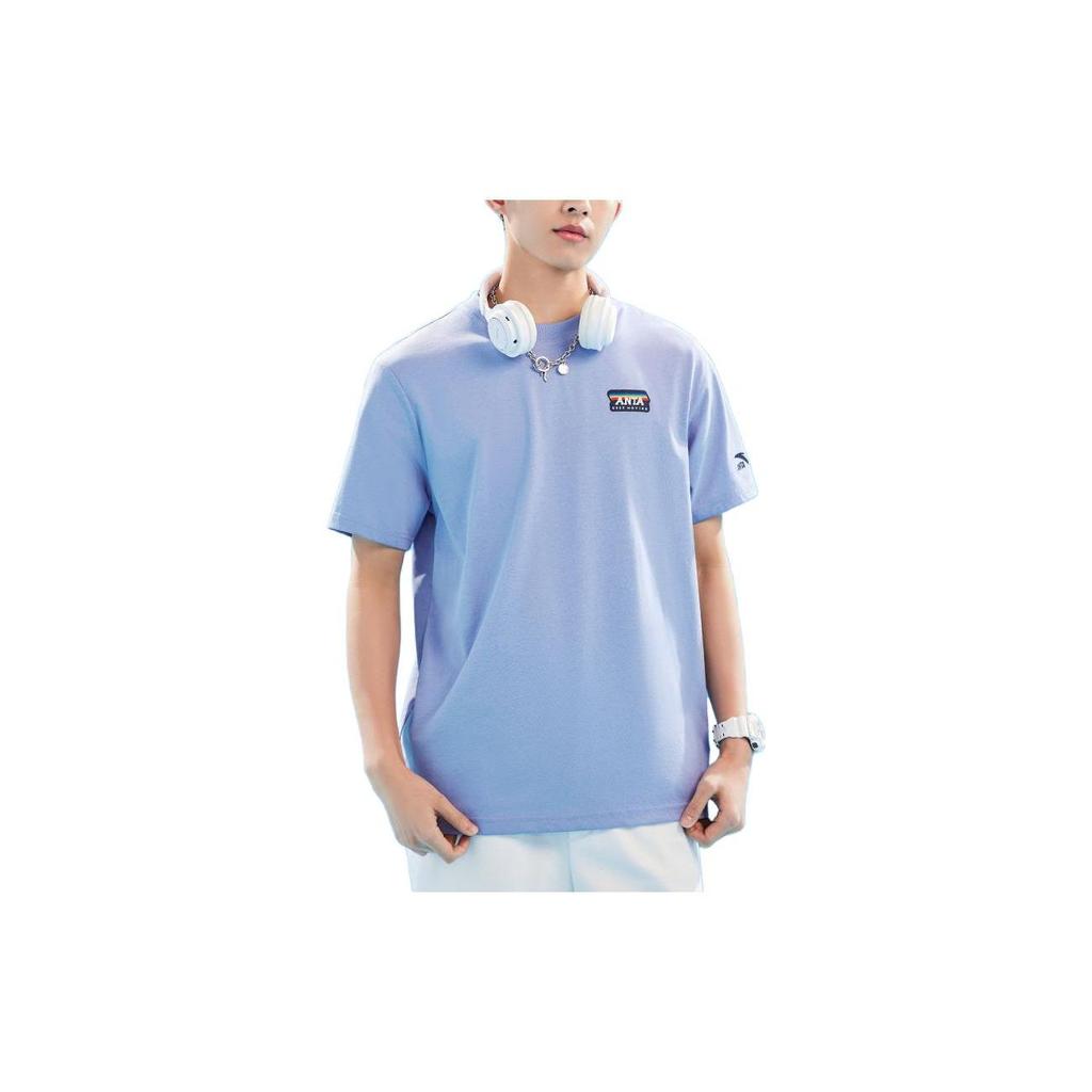 Anta Solid Color Round Neck Pullover Short Sleeve T-Shirt Unisex Tops Light-Water-Purple 152328107-2