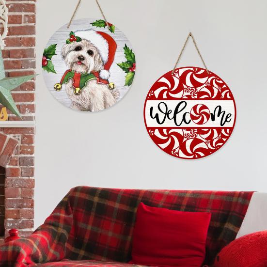 

Front Door Sign Christmas Dog Pattern Xmas Holiday Rustic Wooden Wreath Indoor Wall Hanging