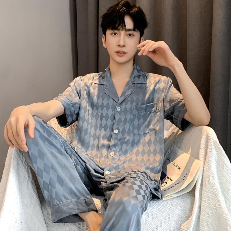 Cool satin jacquard pajamas men's summer ice silk short-sleeved trousers can be worn outside men's silk loungewear in summer