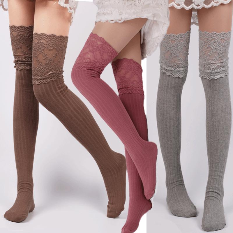 Japanese-Style Lace Trim Thigh-High Knit Cotton Socks for Women - Autumn/Winter Slouch Design