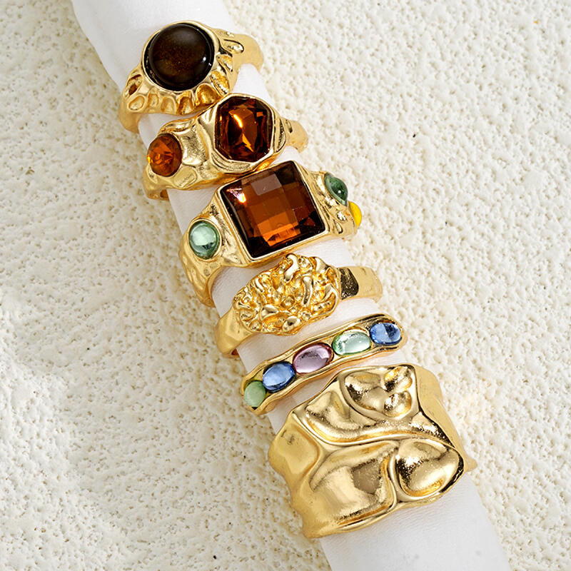 6Pcs/Set Punk Gothic Colorful Crystal Metal Rings for Women Men Geometric Irregular Gold Color Ring Wild Party Jewelry Wholesale