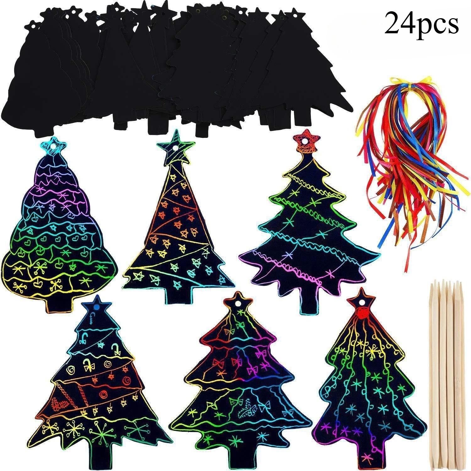 

24pcs Rainbow Scratch Art Paper - DIY Christmas Ornaments & Party Favors - Tree Pattern, DIY Festival Supplies