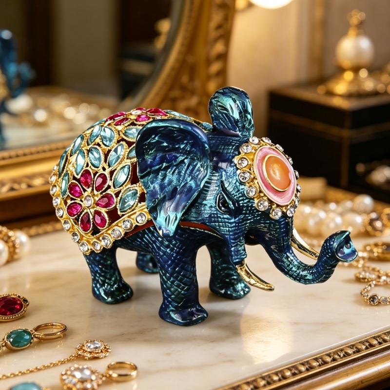Decorative Elephant Jewelry Box with Enamel Finish and Crystal Detail for Ring, Earring and Dresser Storage Display