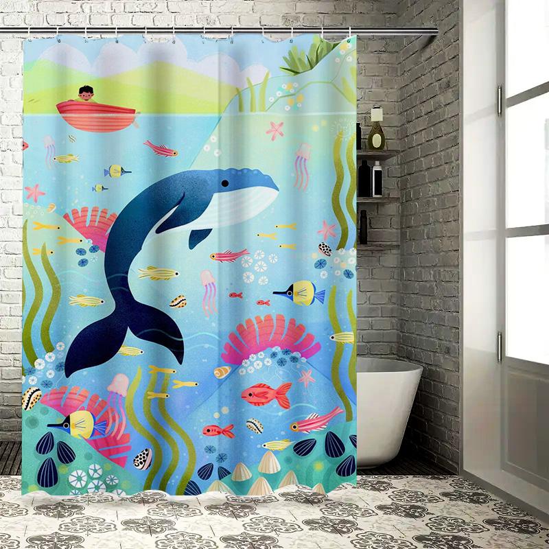 Animal Kingdom Bath Shower Curtain Set Blue Whale Fish Ocean Life Decor for Bathroom 72 Long Polyester Fabric with Plastic Hooks