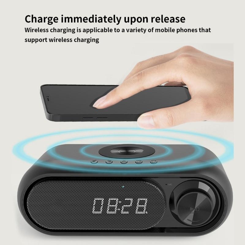 Portable Bluetooth-compatible Loudspeaker with Clock LED Time Display 15W Wireless Charging Multifunctional Digital Clock