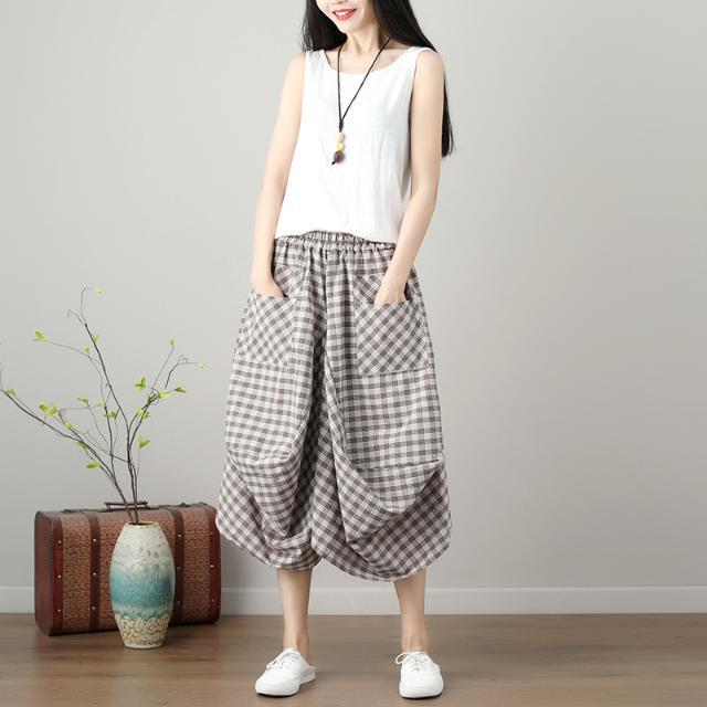 

Женская хлопковая льняная свободная юбка большого размера с эластичным поясом, летние нерегулярные карманы, клетчатые юбки-фонарики One Size