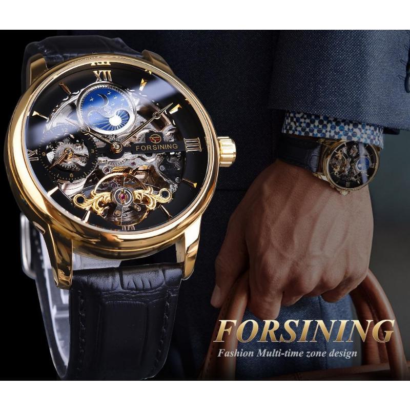 FORSINING Men's Luxury Automatic Mechanical Watch Leather Strap Automatic Tourbillon Hollow Mechanical Watch