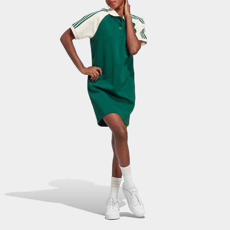 Adidas Originals Vintage American Striped Sport Polo Collar Short Sleeve Dress Women Dress Dark-Green IC5225