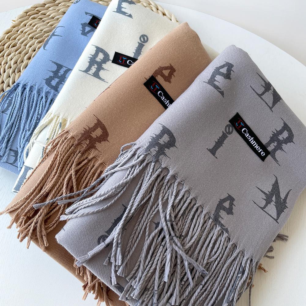 New digital printing imitation cashmere scarf women's letter printing tassel warm extended coffee shawl