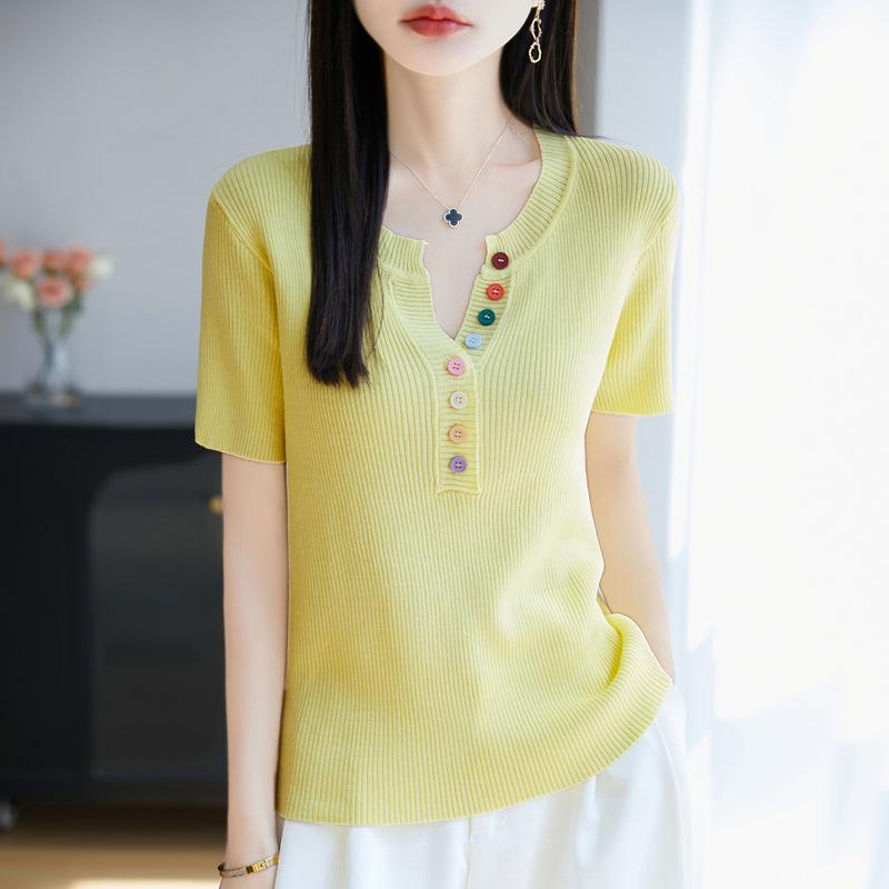 Design-inspired Button-up Knitted Short-sleeved T-shirt for Women, New Style, Summer Lightweight Base Layer