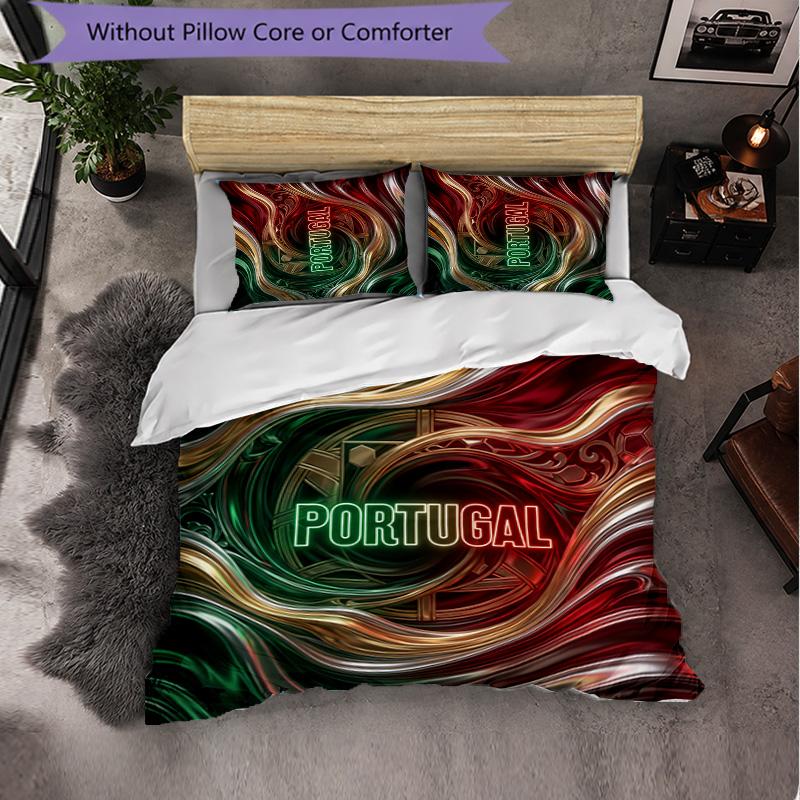 Portugal Football Pattern 3 Pieces Bedding Set Soft Microfiber Duvet Cover with Pillow Cases for Bedroom