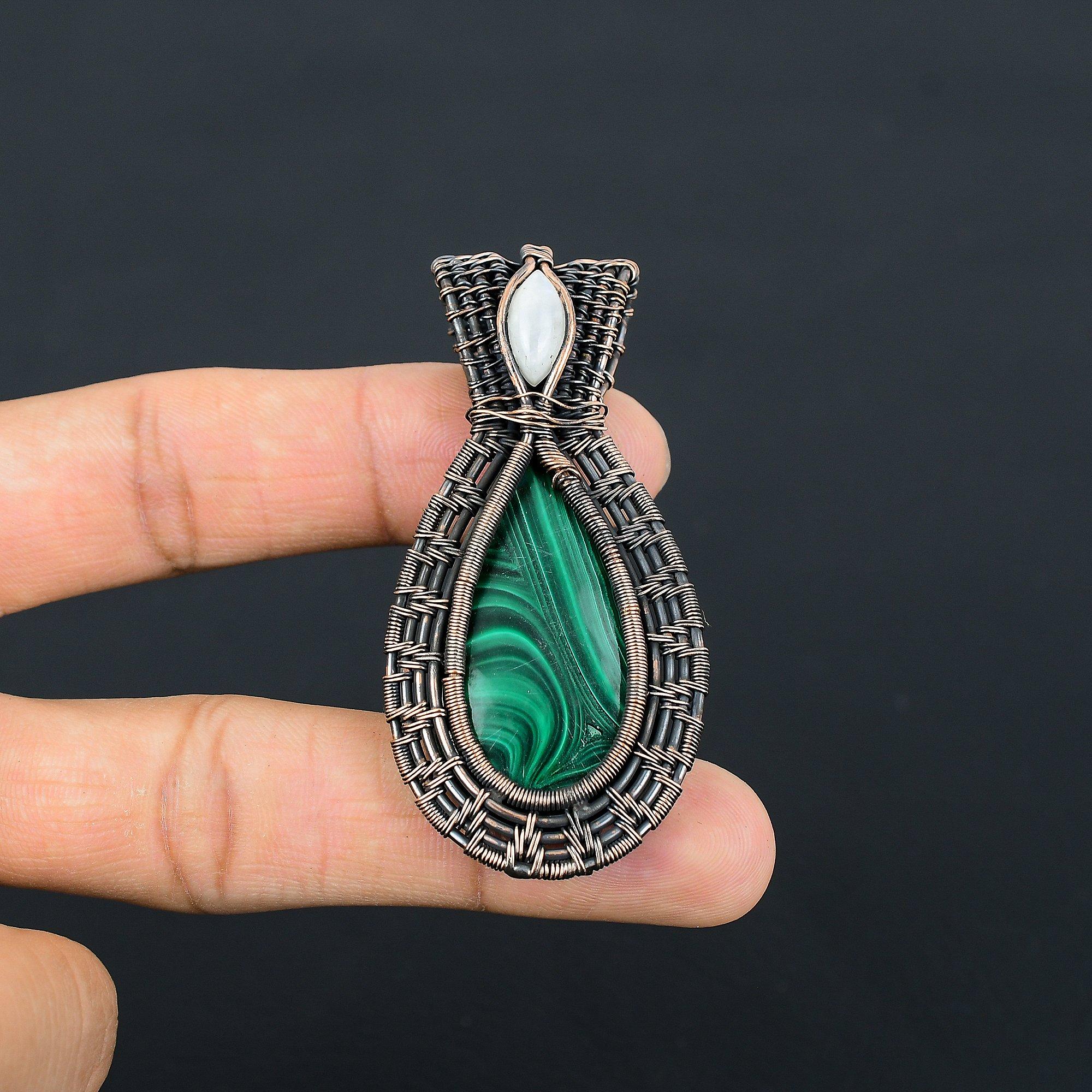 

Malachite & Moonstone Gemstone Pendant Handmade Jewelry, 999 Copper Wire Wrapped Pendant Jewelry 2.55 Inches