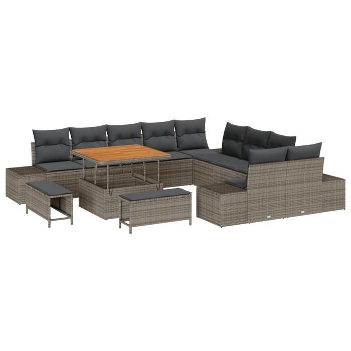 Ensemble de canapé de jardin 13 pièces avec coussins en poly rattan gris, Canapé de jardin 2 places avec rangement 3364788