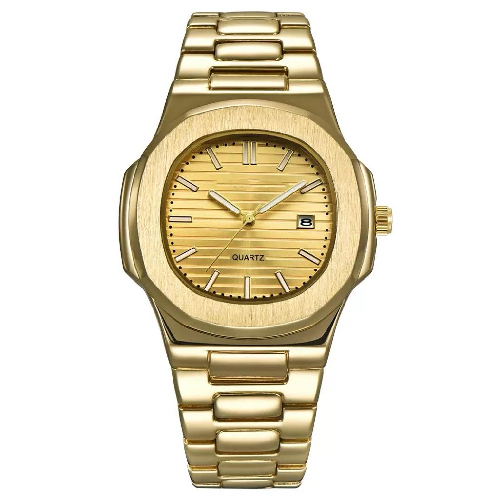 Goldene Herren Markenuhren Mode Freizeit Edelstahlarmband Business Datum Quarz Armbanduhr Relogios Masculinos