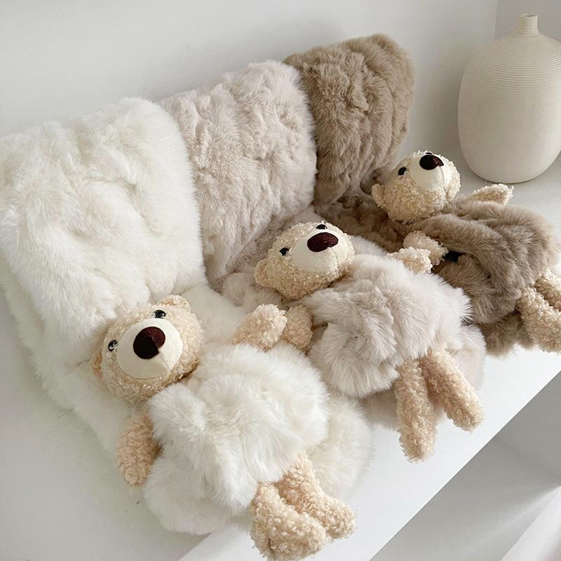 Kids Winter Thick Plush Scarf Cute Cartoon Bear Girl Warm Cross Neck Soft Fluffy Texture
