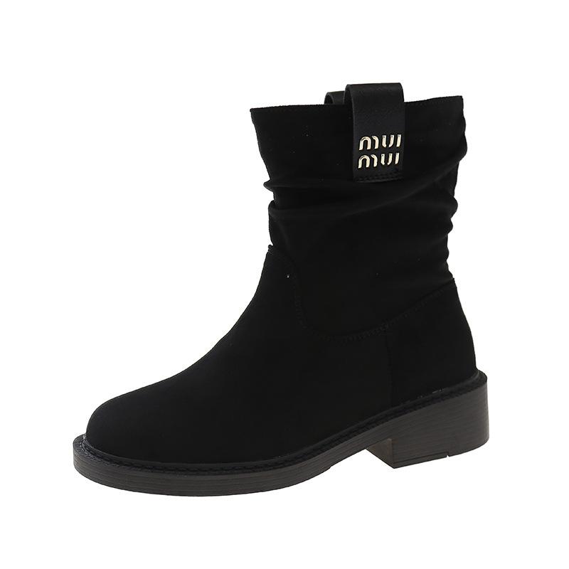 Fleece retro pleated suede Martin boots 2024 autumn and winter new small pile boots small short boots women