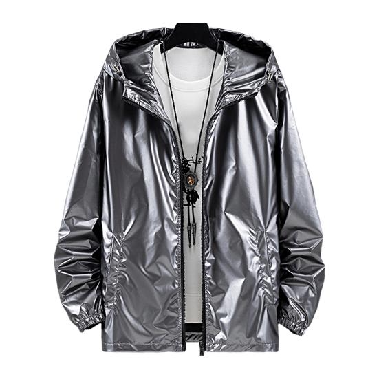 Męska kurtka z kapturem, błyszcząca powierzchnia, zapinana na zamek, jednolity kolor, dopasowany krój, wodoodporna, wiosenno-jesienna, elastyczne mankiety, płaszcz streetwear