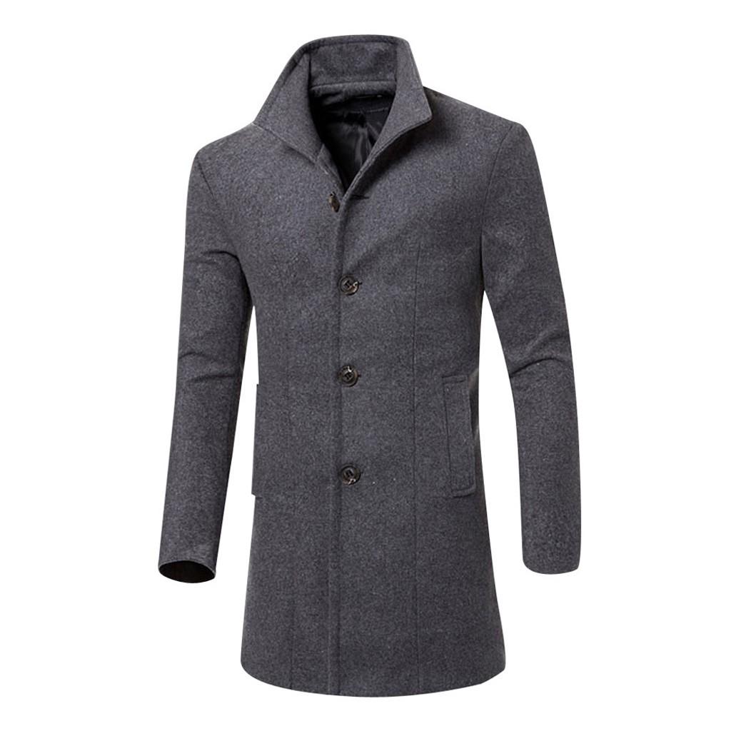 Men Jacket Warm Winter Trench Long Outwear Button Smart Overcoat