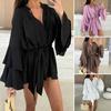Abito Camicia Estivo da Donna Manica Lunga Arricciata Scollo a V Abito Corto Chiffon A-Line Vita Annodata Fluido Miniabito