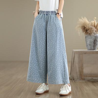 Retro New Chinese Style Personalized Printed Denim Wide-leg Pants Women's Summer New Loose Large Size Personalized Thin Casual Pants