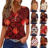 Women's Casual Short Sleeve V Neck Henley Shirt Button Front Halloween Print Lightweight Top for Everyday Wear