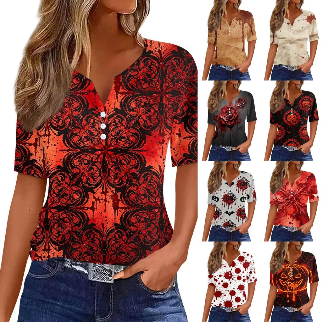 Women's Casual Short Sleeve V Neck Henley Shirt Button Front Halloween Print Lightweight Top for Everyday Wear